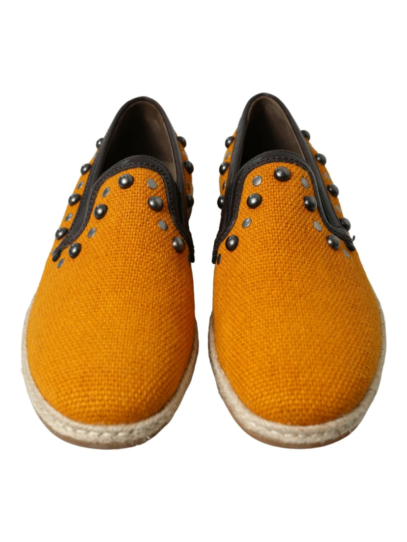 Orange Linen Leather Studded Loafers Shoes