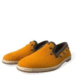 Orange Linen Leather Studded Loafers Shoes