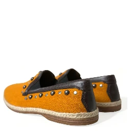 Orange Linen Leather Studded Loafers Shoes