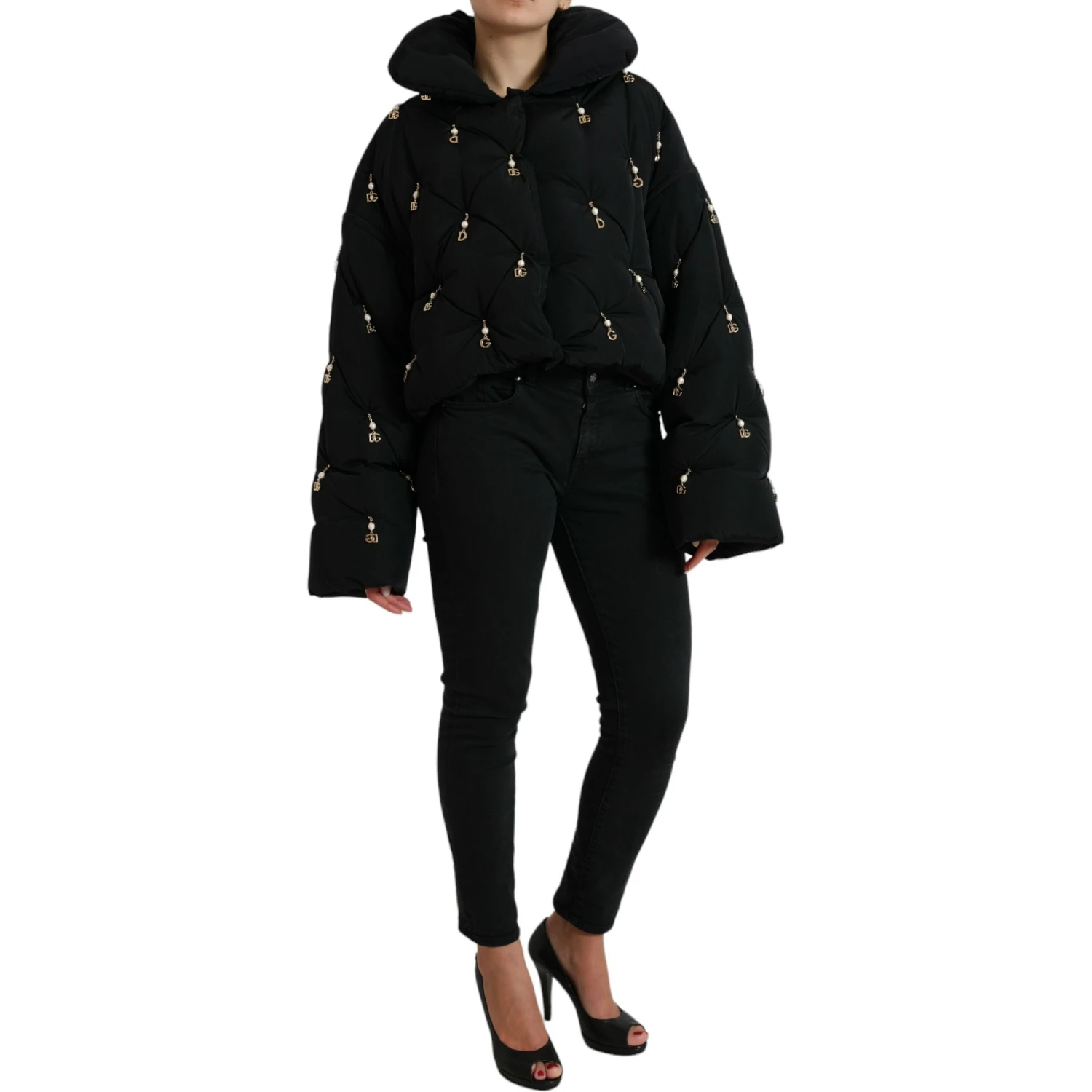 Black Embellished Quilted Shell Bomber Jacket