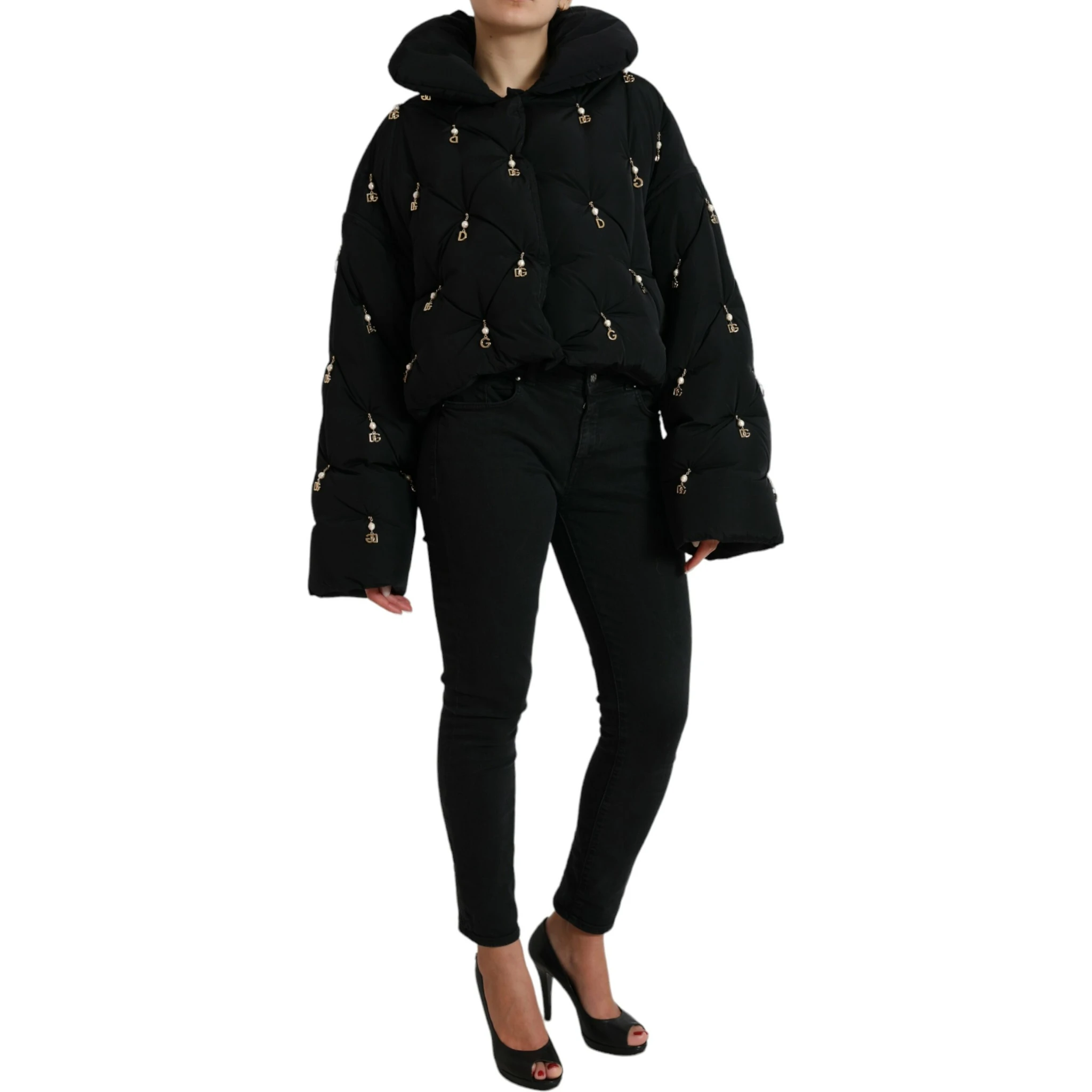 Black Embellished Quilted Shell Bomber Jacket