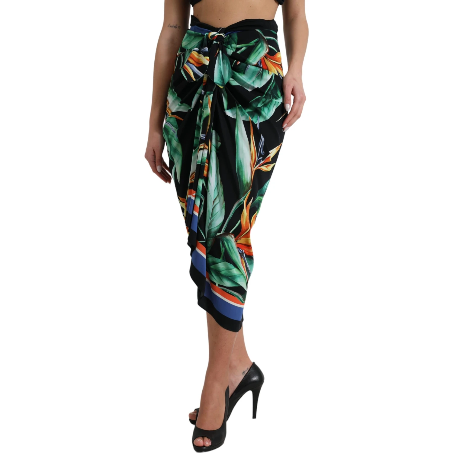 Black Strelitzia High Waist Wrap Midi Skirt