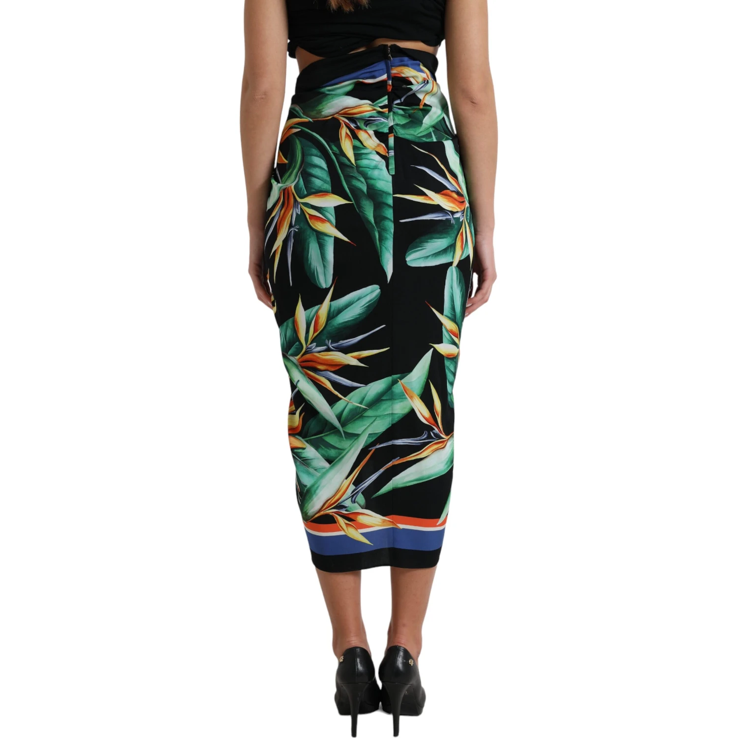 Black Strelitzia High Waist Wrap Midi Skirt
