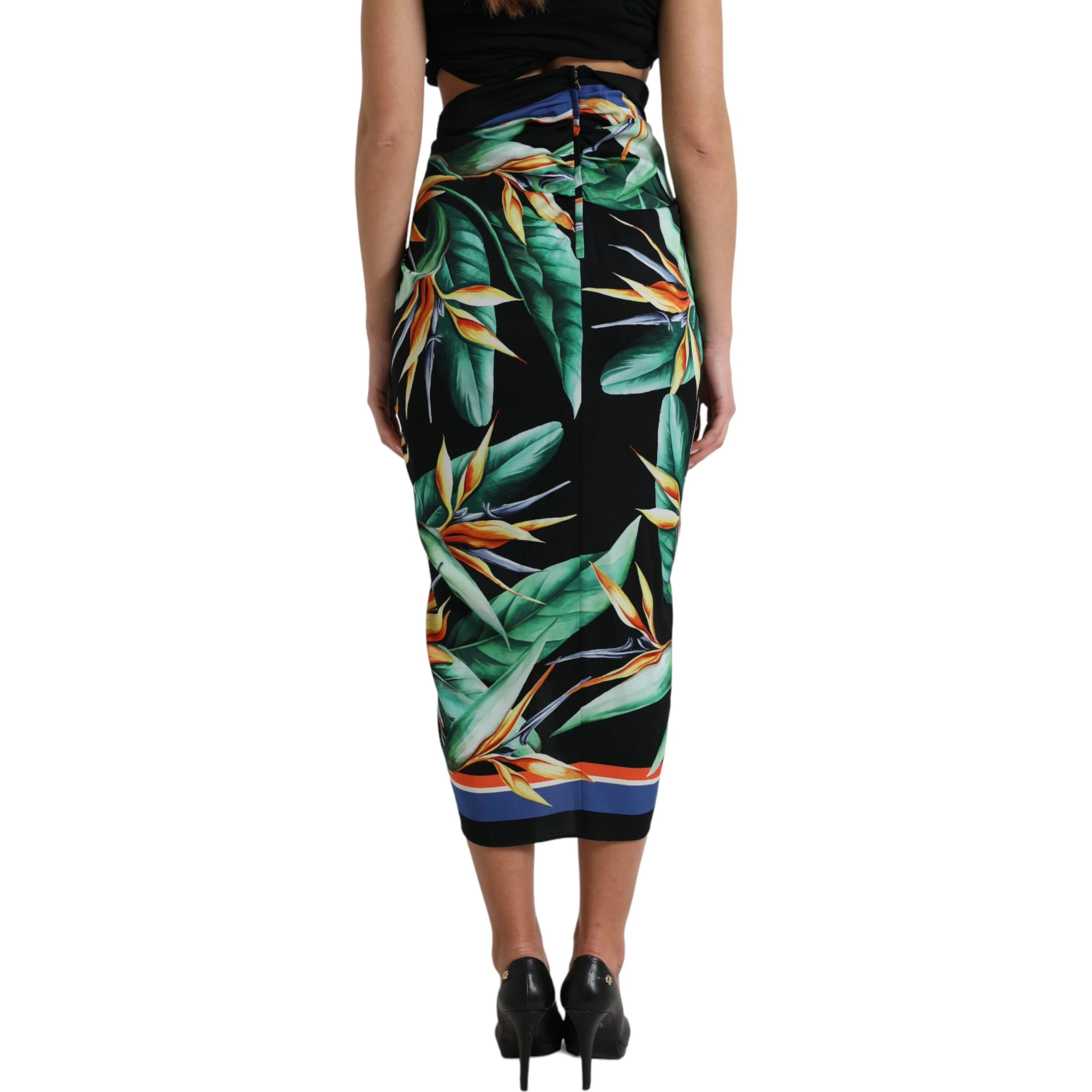 Black Strelitzia High Waist Wrap Midi Skirt