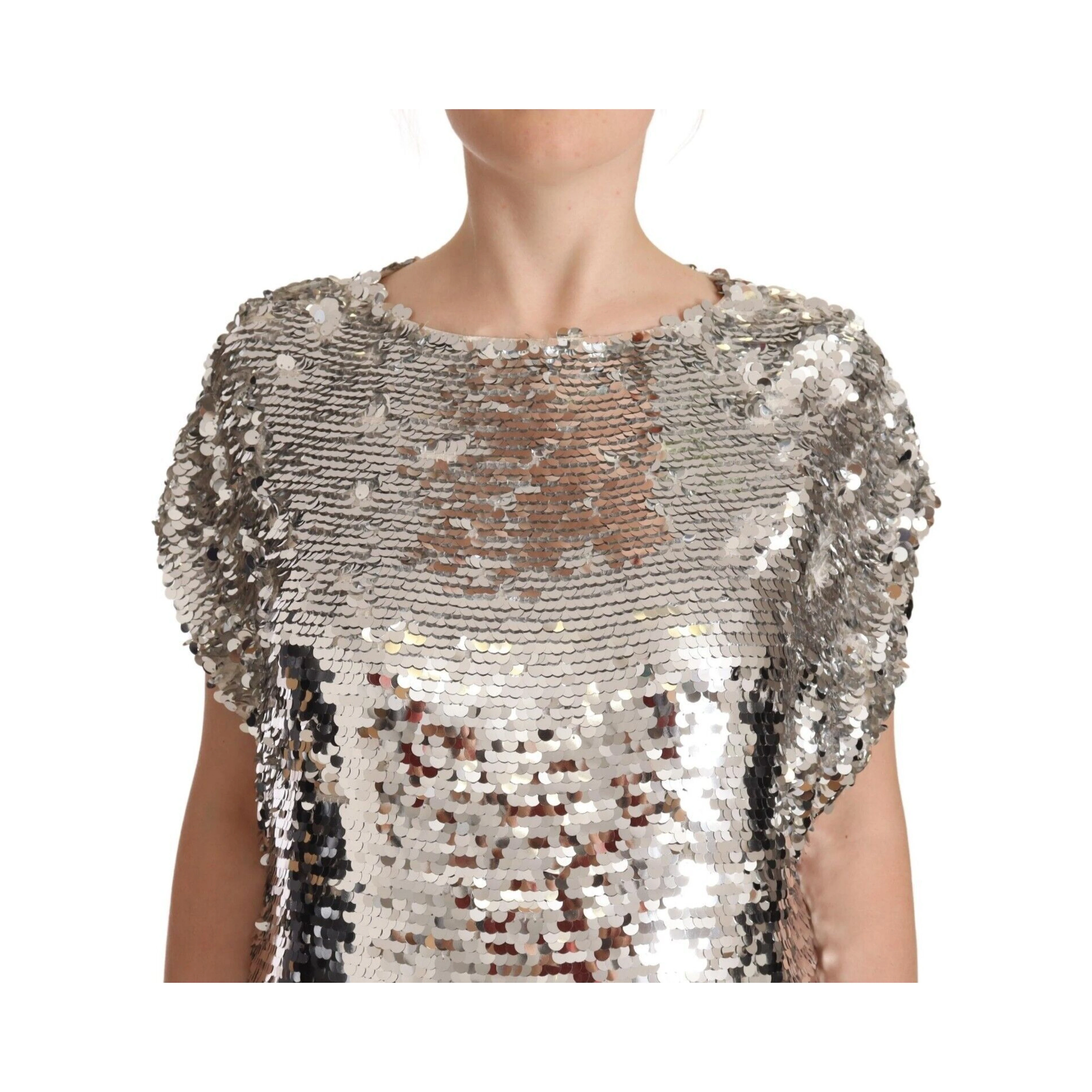 Silver Sequined Polyester Short Sleeves Shift Mini Dress