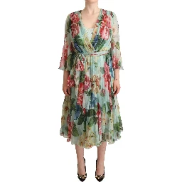 Green Floral Long Sleeves V-neck Midi Dress