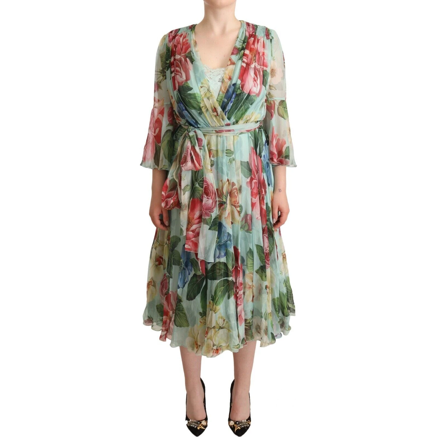 Green Floral Long Sleeves V-neck Midi Dress