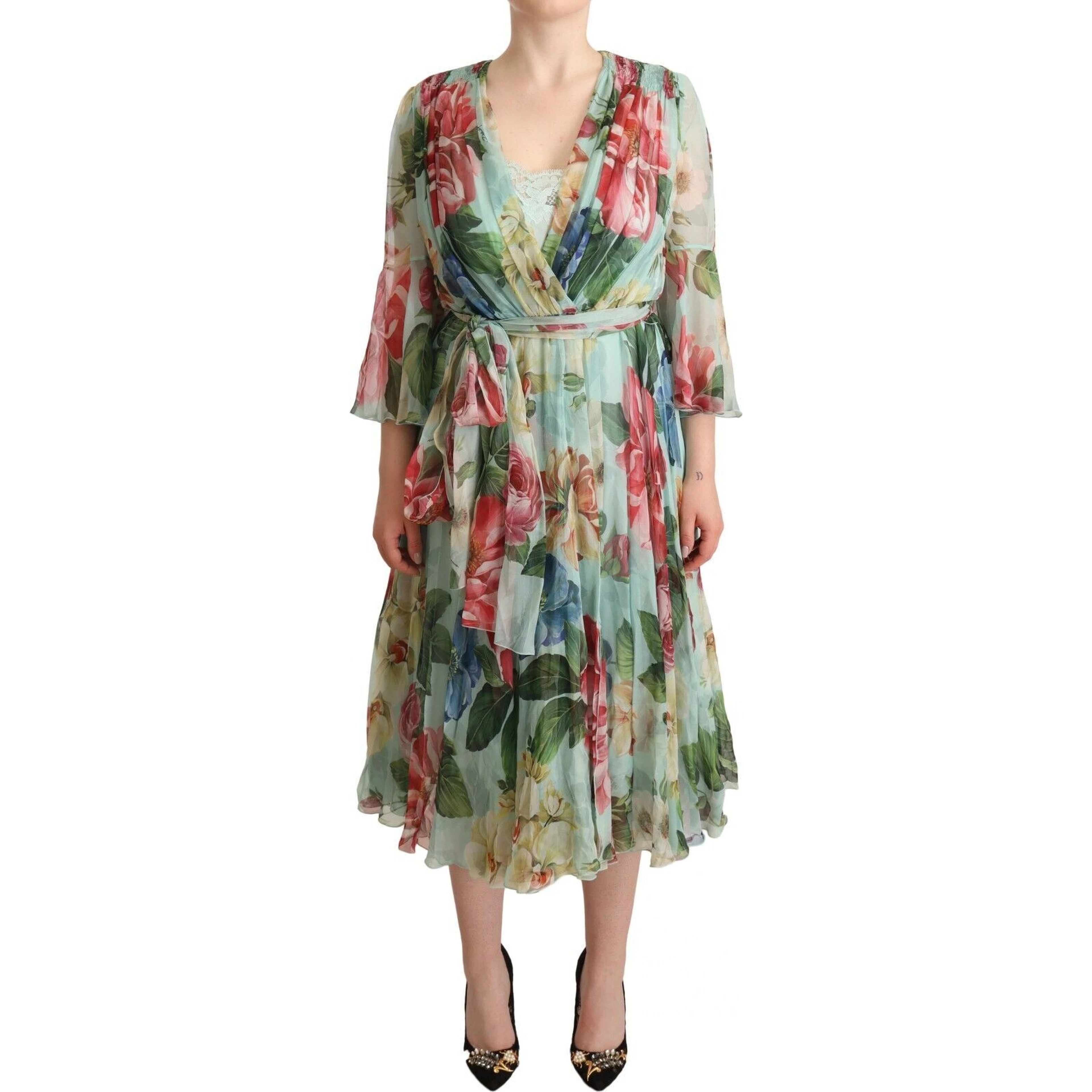 Green Floral Long Sleeves V-neck Midi Dress