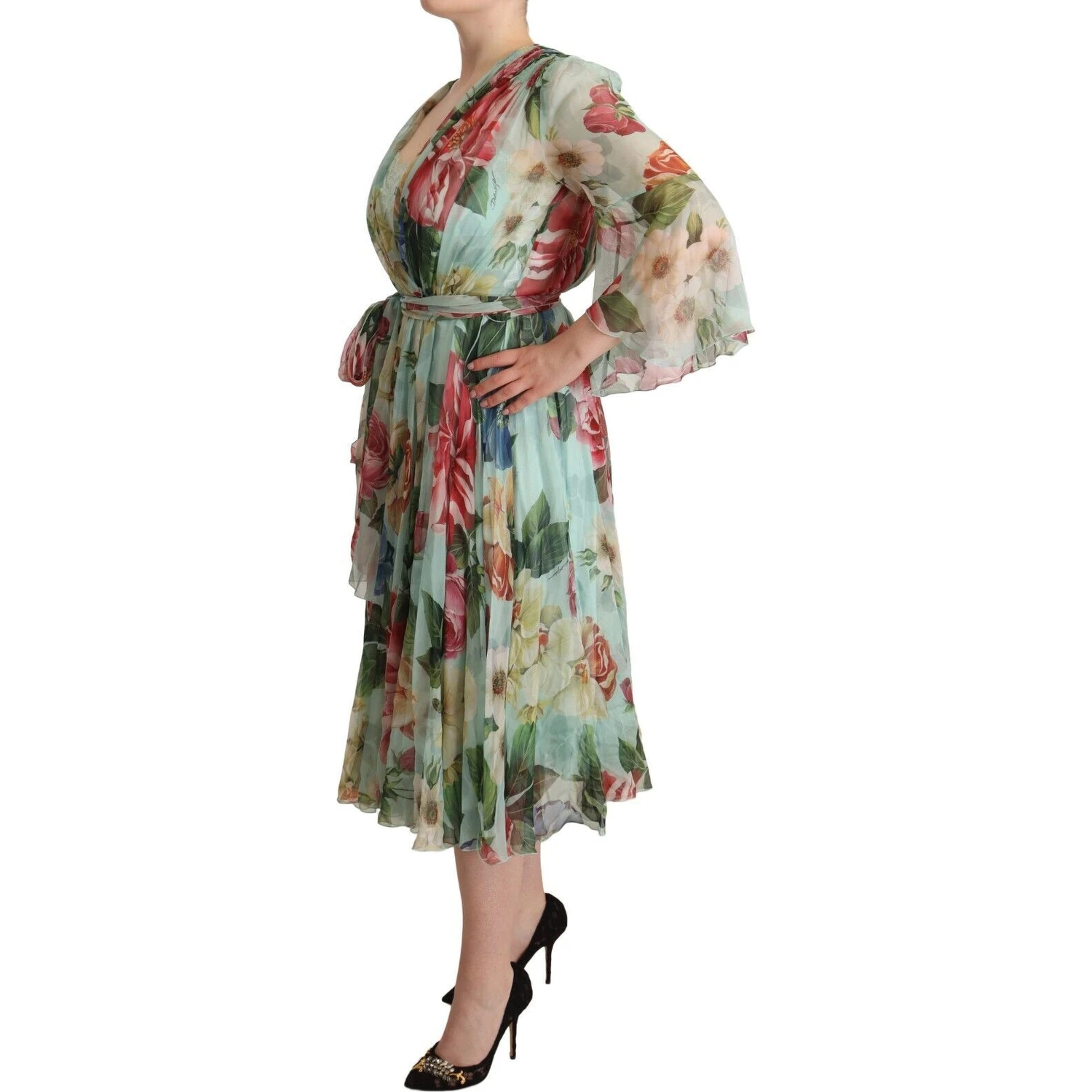 Green Floral Long Sleeves V-neck Midi Dress