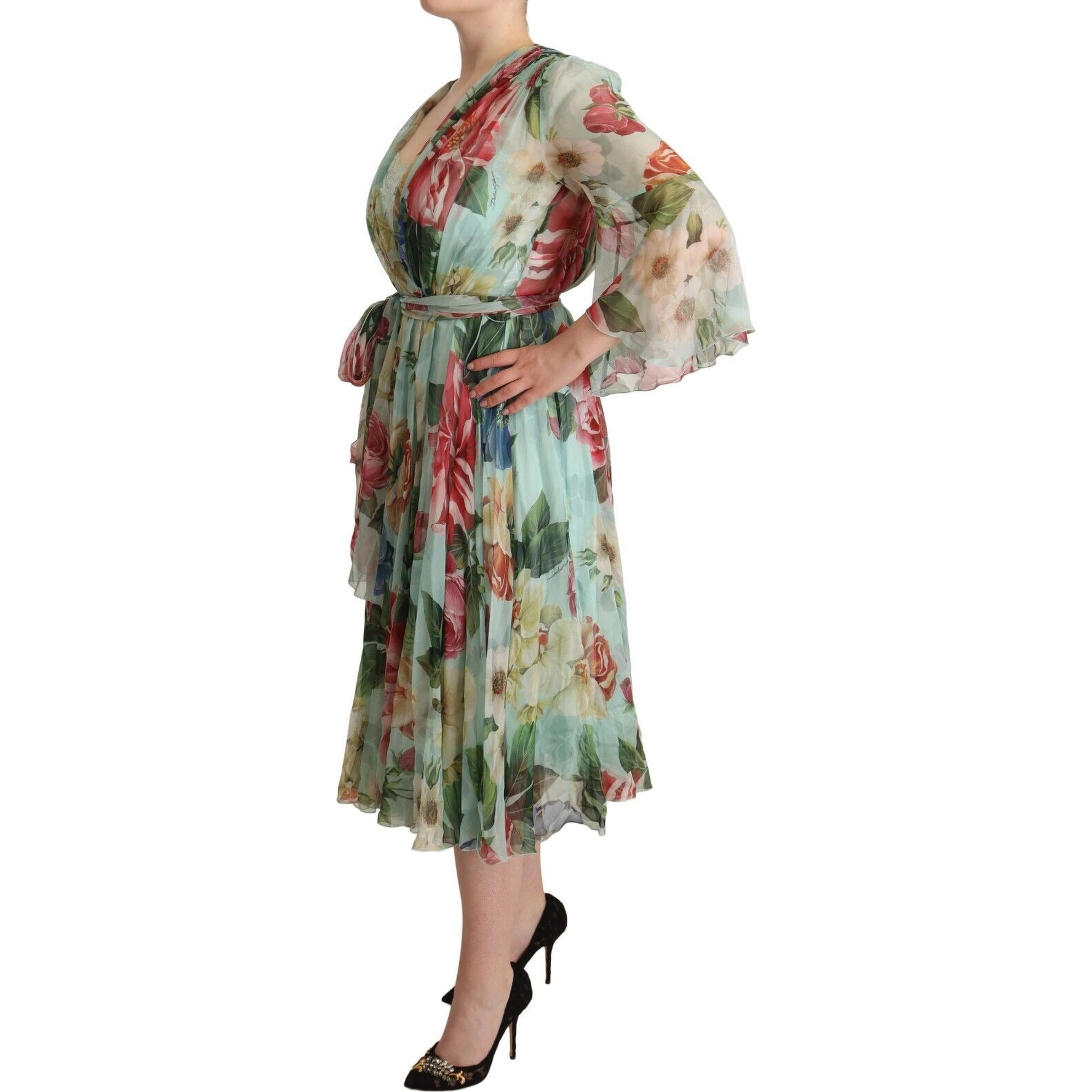 Green Floral Long Sleeves V-neck Midi Dress