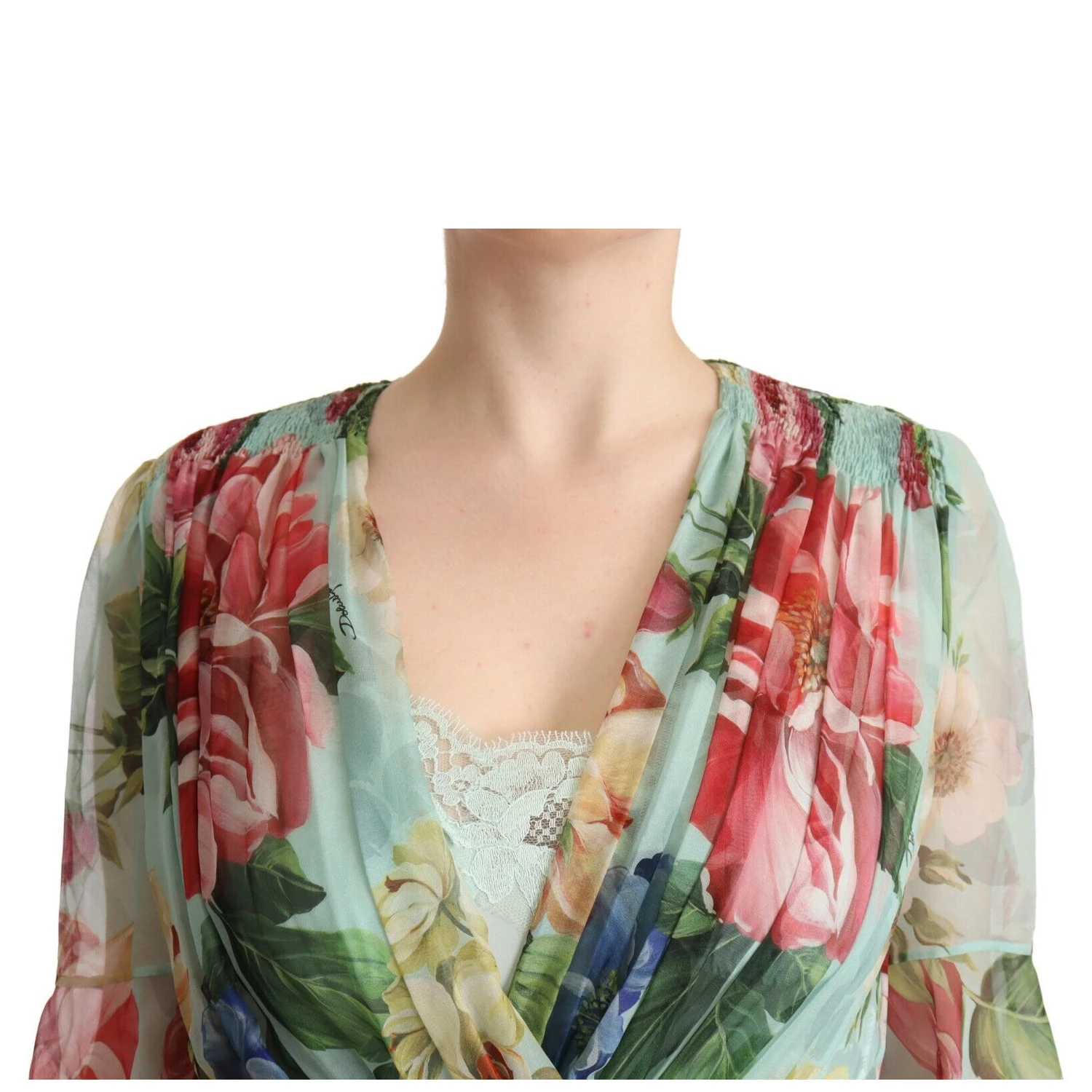 Green Floral Long Sleeves V-neck Midi Dress
