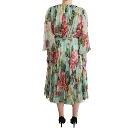 Green Floral Long Sleeves V-neck Midi Dress