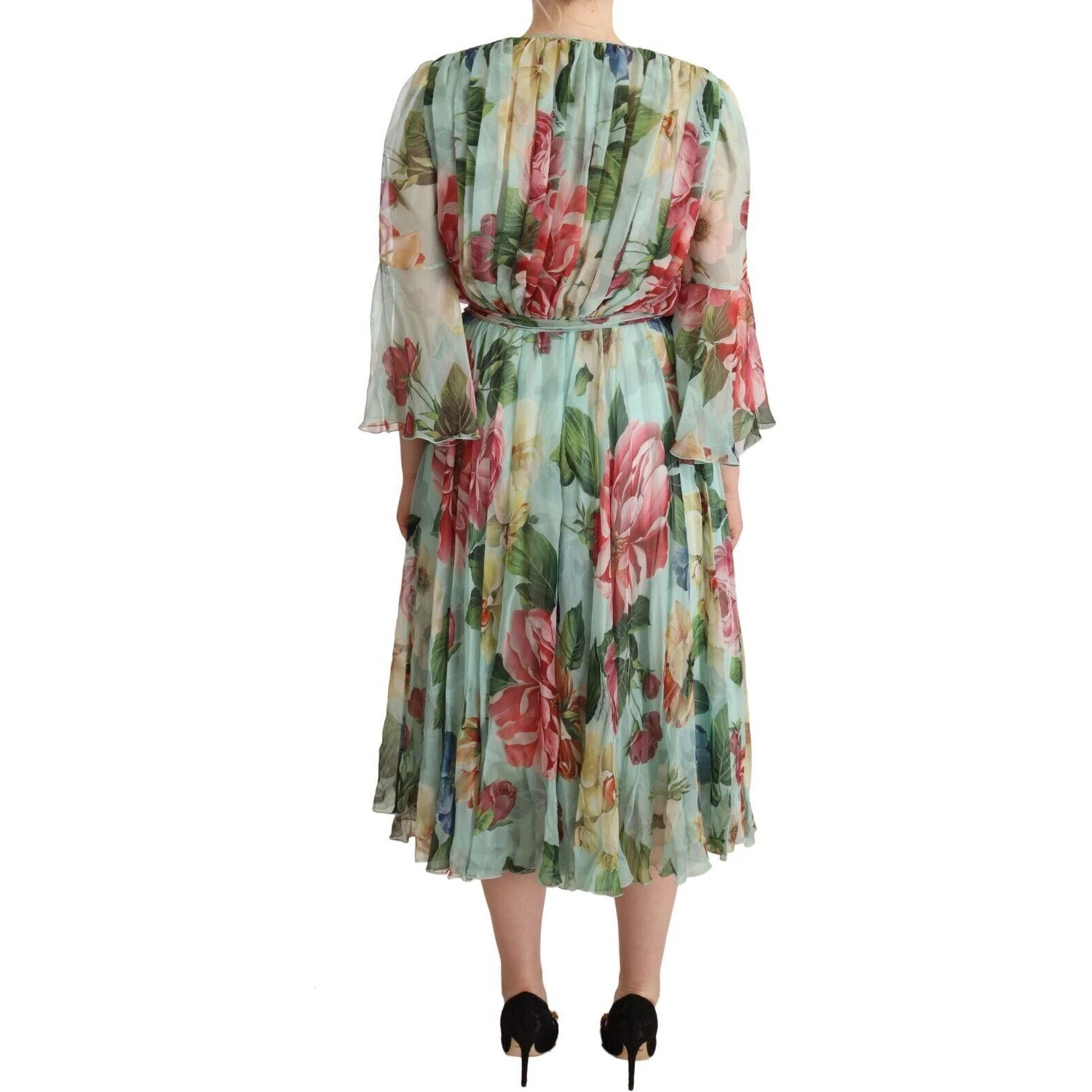 Green Floral Long Sleeves V-neck Midi Dress