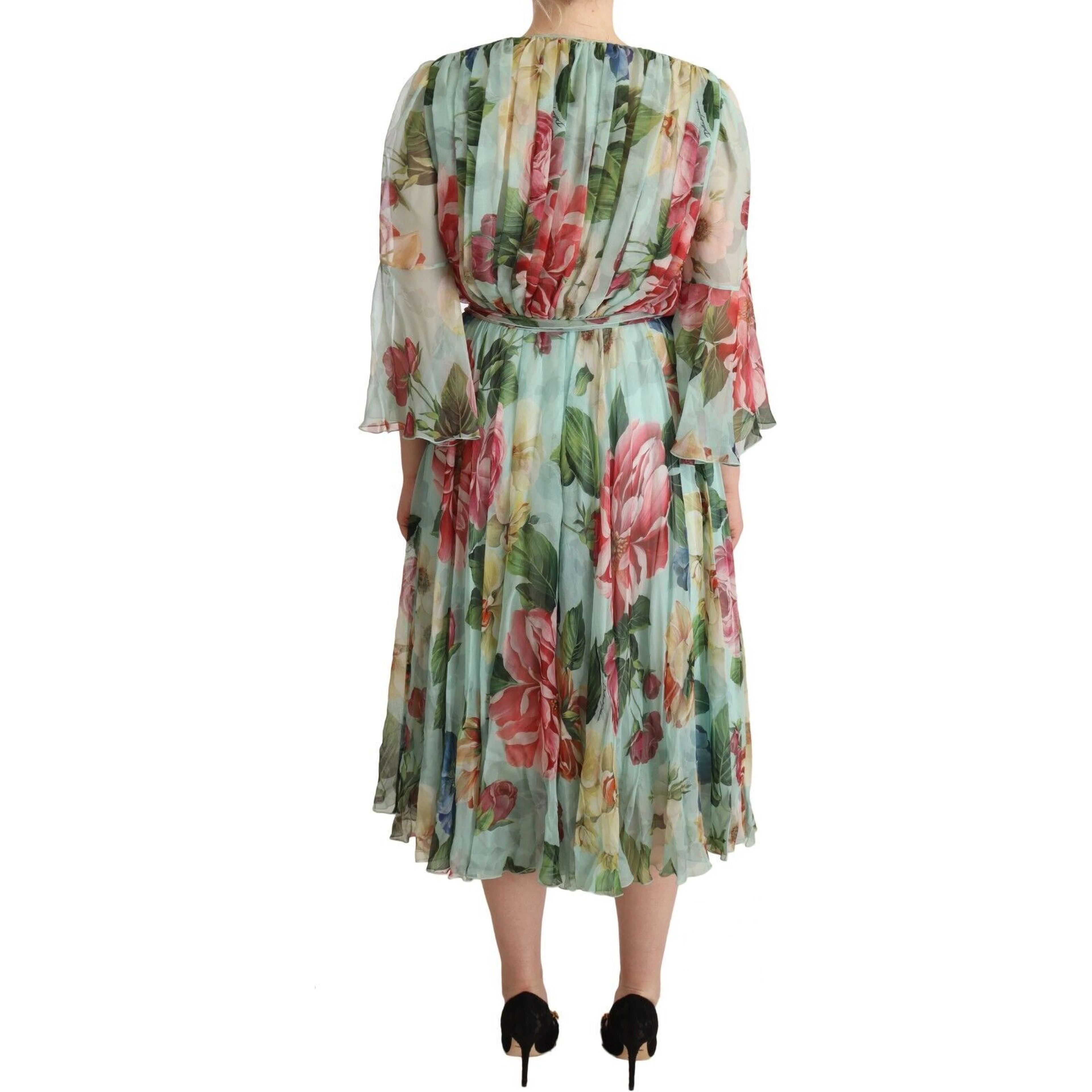 Green Floral Long Sleeves V-neck Midi Dress