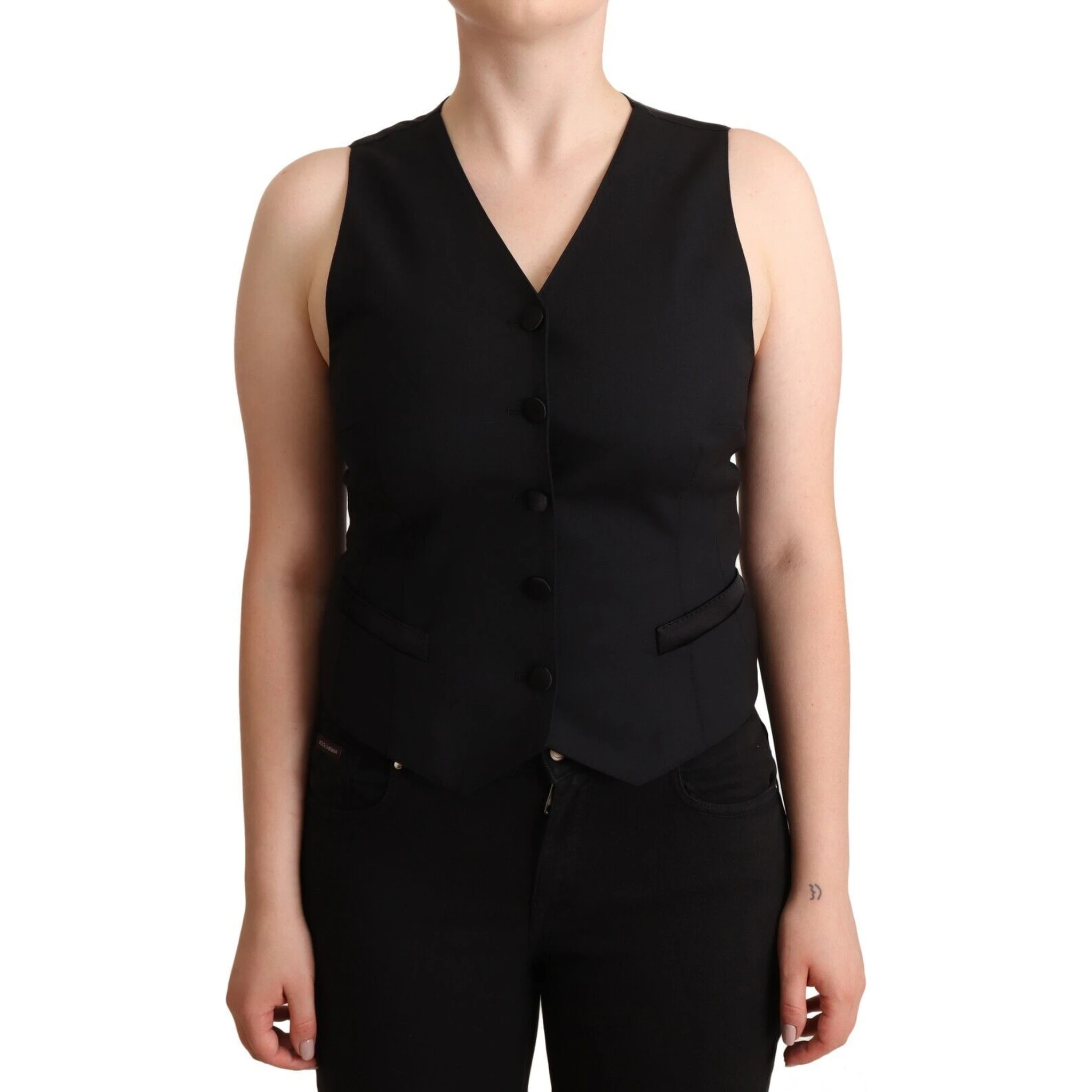 Black Button Down Sleeveless Viscose Vest Top