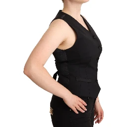 Black Button Down Sleeveless Viscose Vest Top