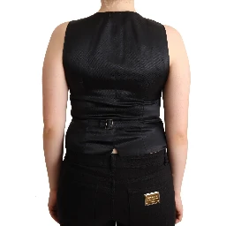 Black Button Down Sleeveless Viscose Vest Top