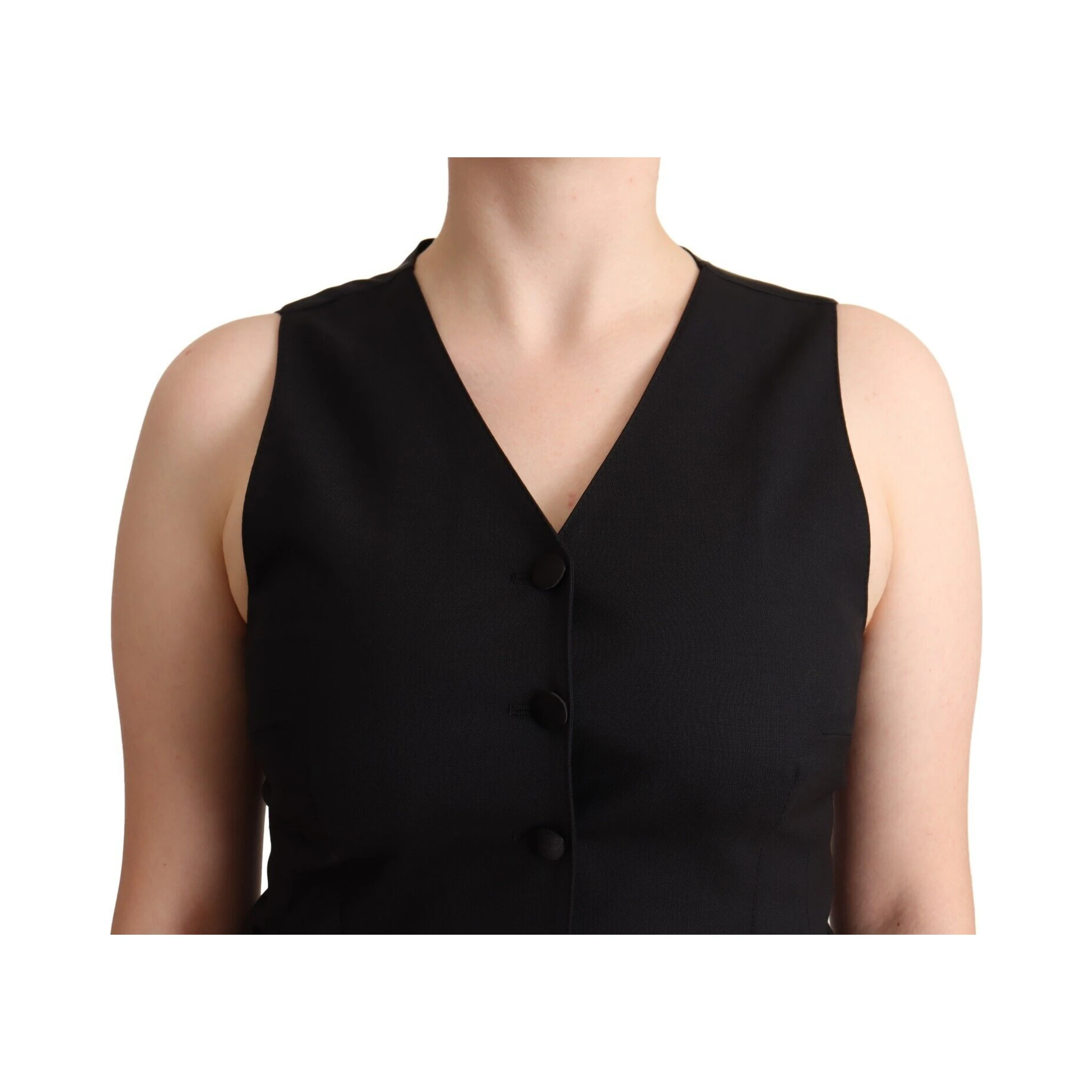 Black Button Down Sleeveless Viscose Vest Top