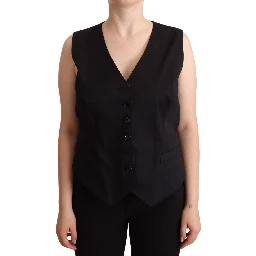 Black Button Down Sleeveless Vest Waiscoat Top