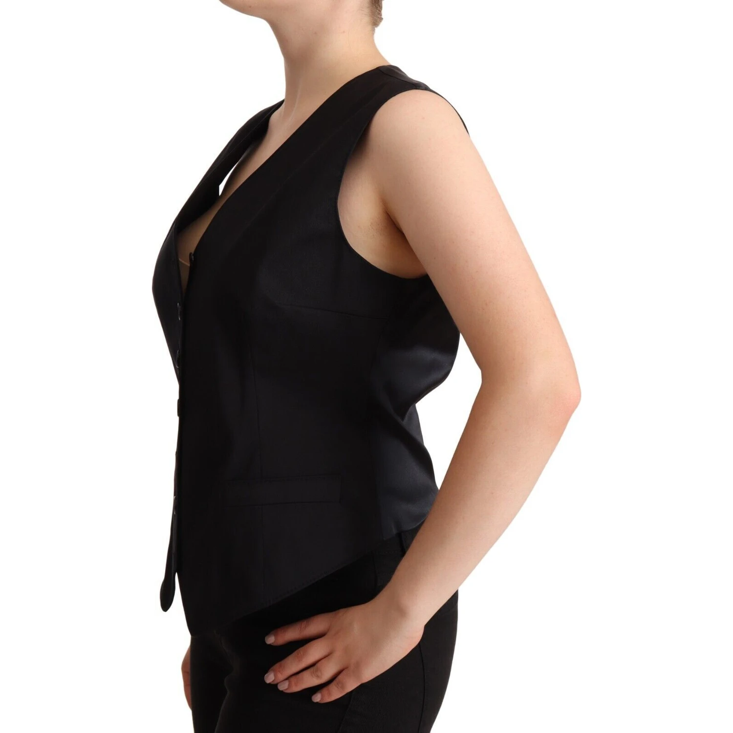 Black Button Down Sleeveless Vest Waiscoat Top