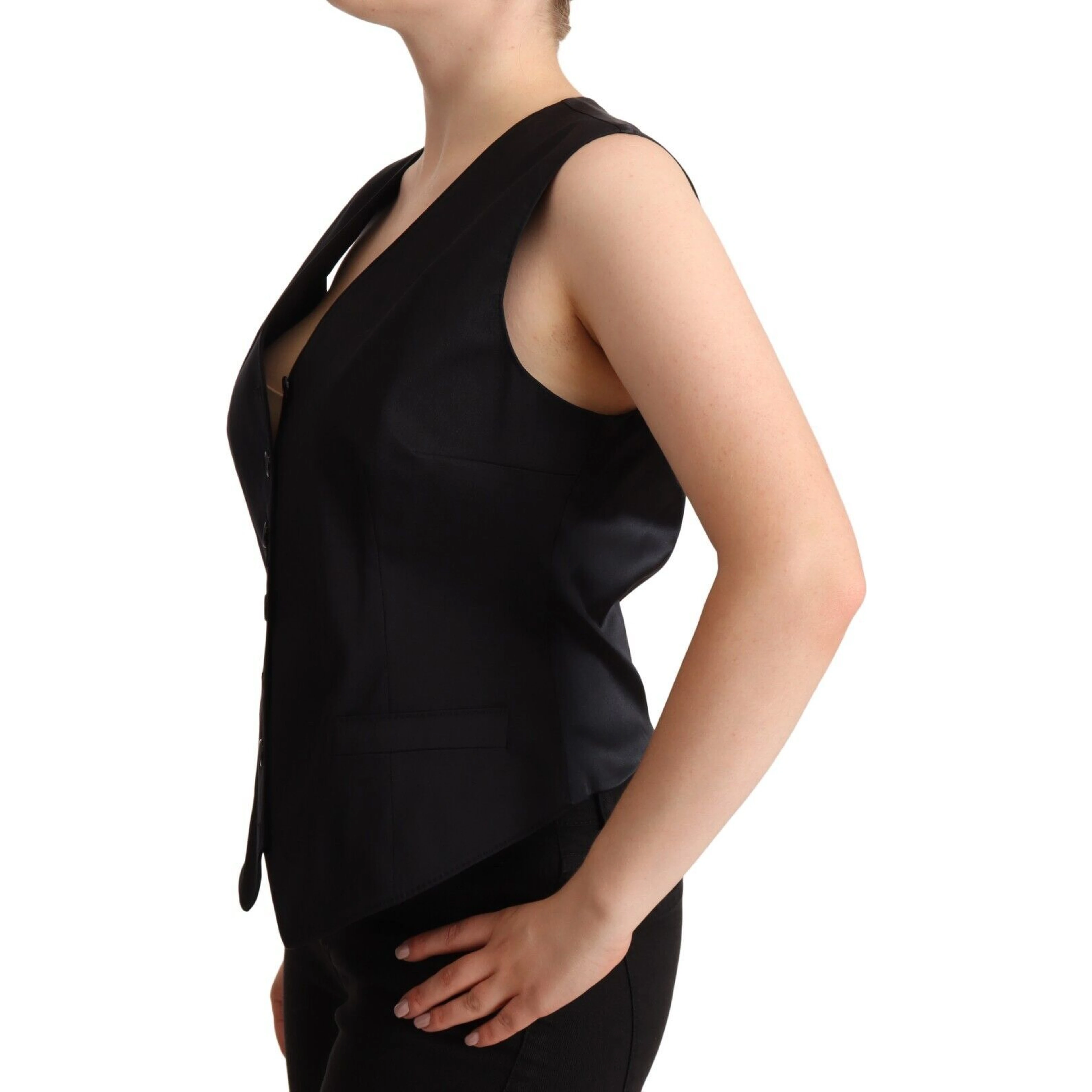 Black Button Down Sleeveless Vest Waiscoat Top