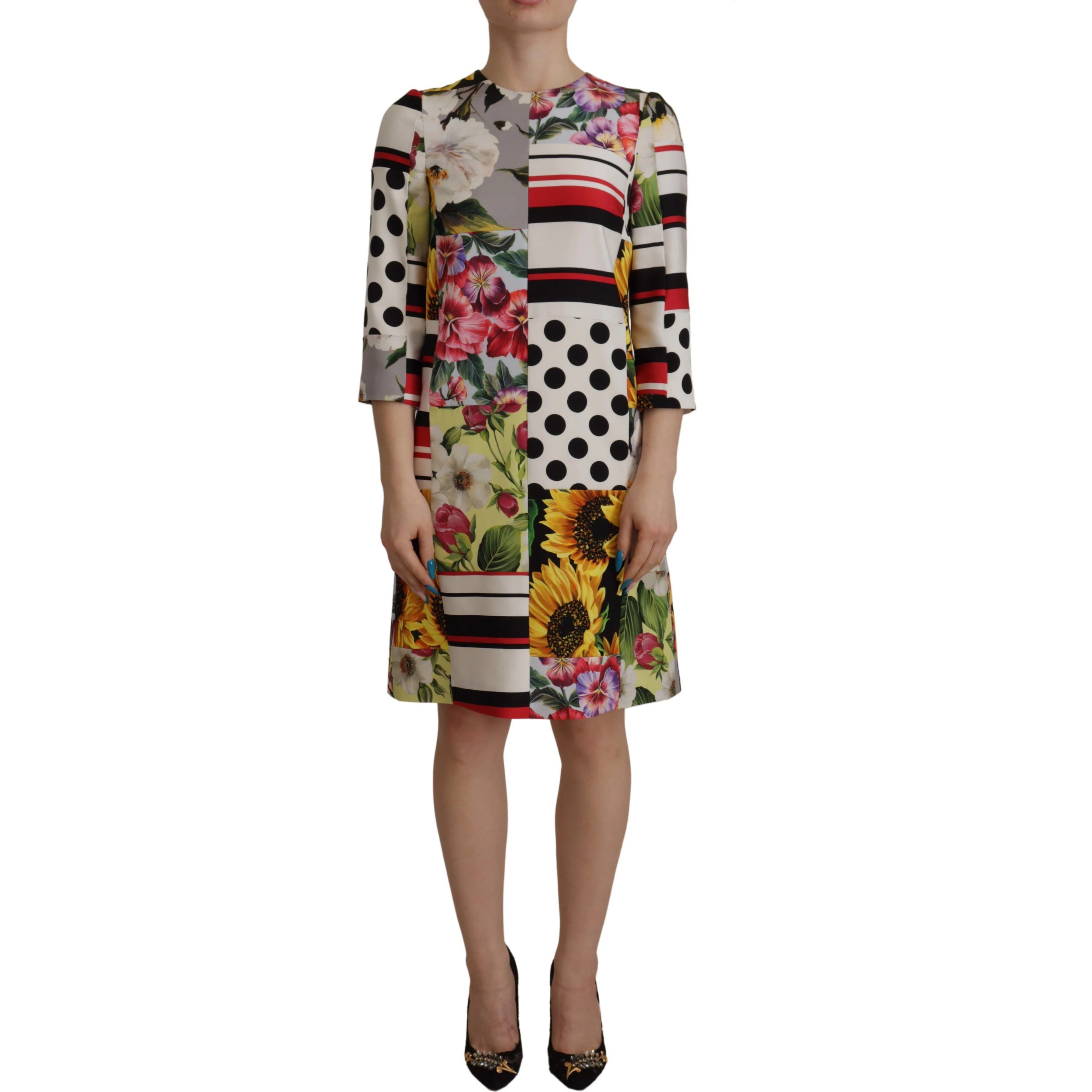 Multicolor Charmeuse Floral Sheath Jaquard Pachwork Dress