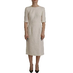 White Jaquard Midi Floral Sheath Brocade Dress
