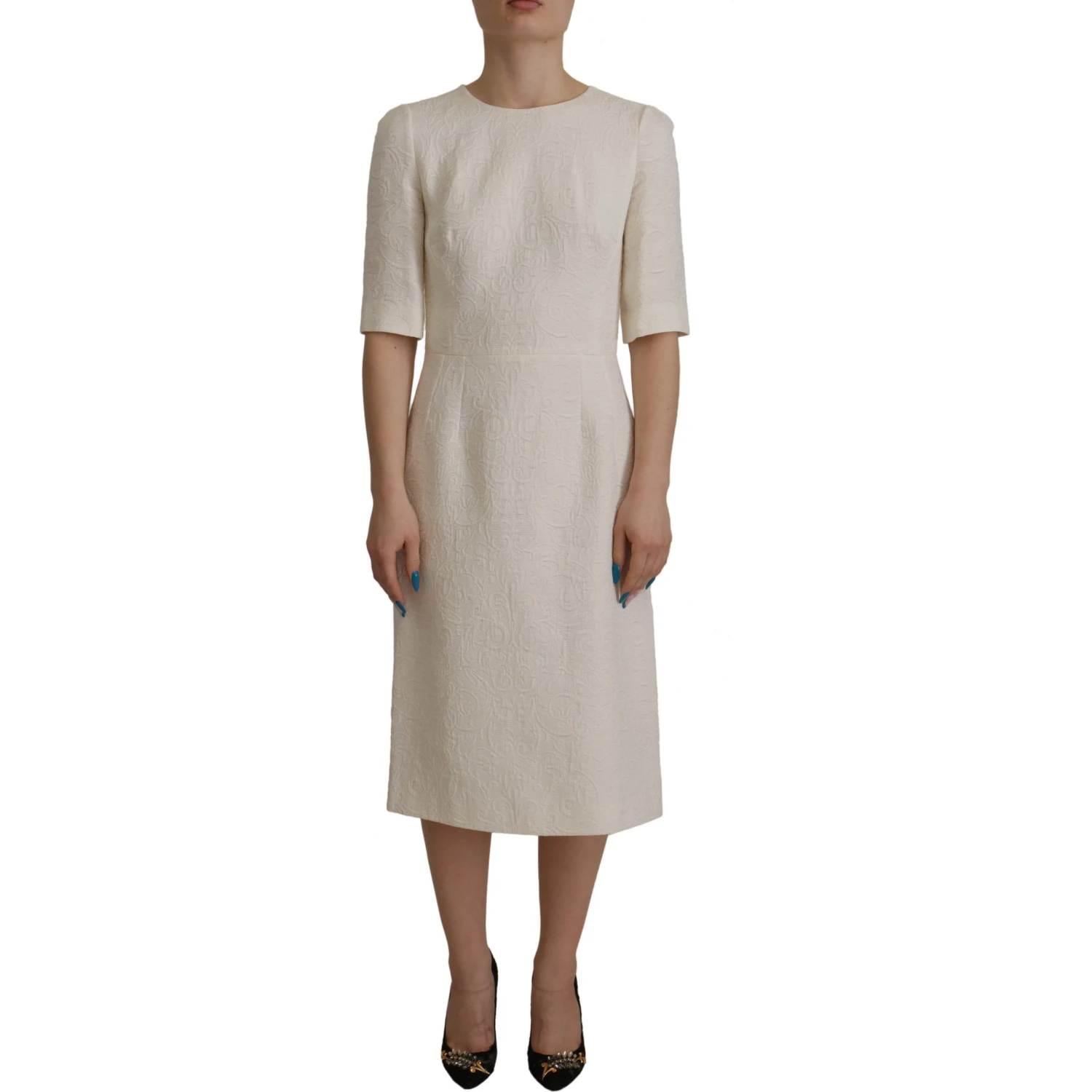 White Jaquard Midi Floral Sheath Brocade Dress