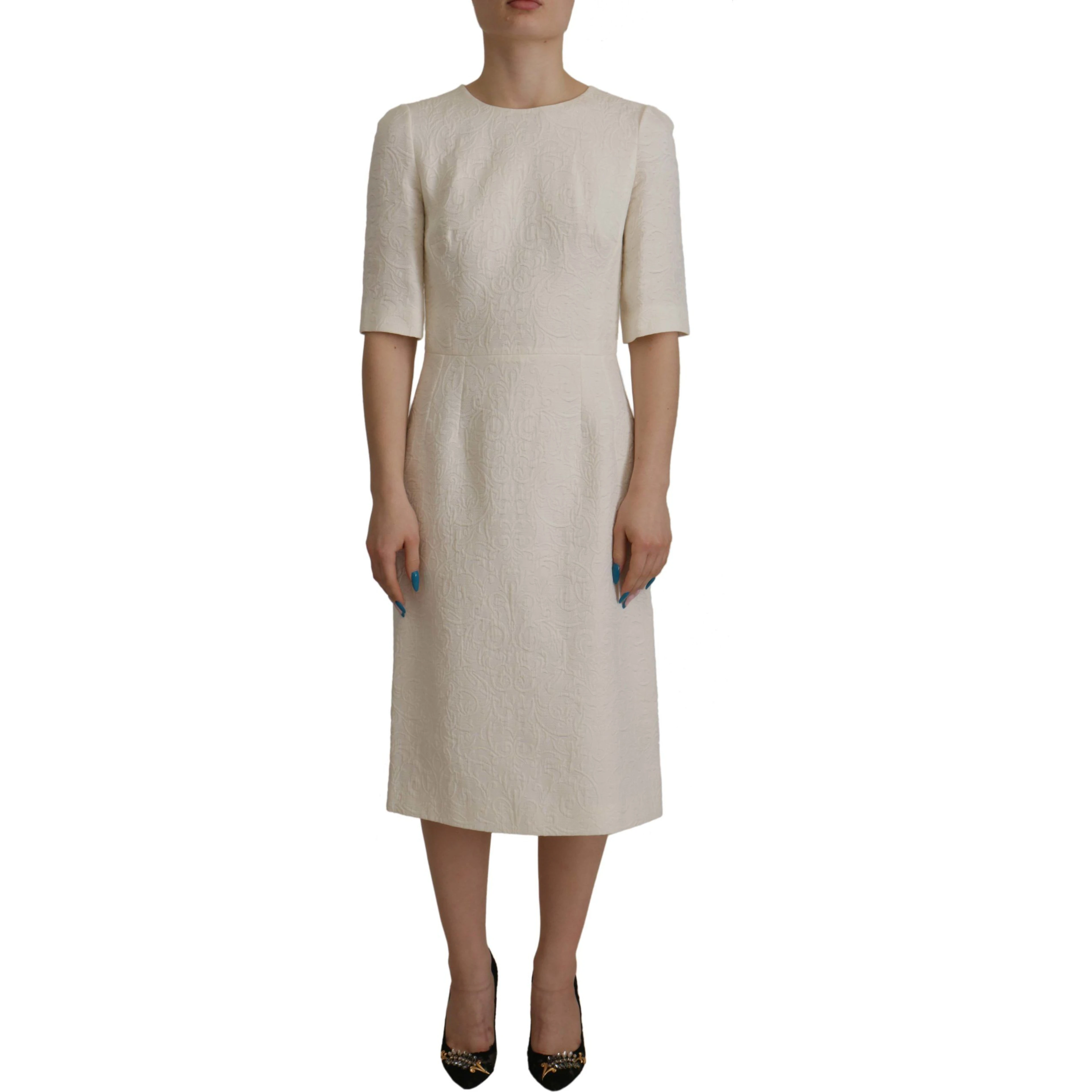 White Jaquard Midi Floral Sheath Brocade Dress