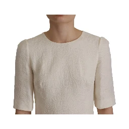 White Jaquard Midi Floral Sheath Brocade Dress