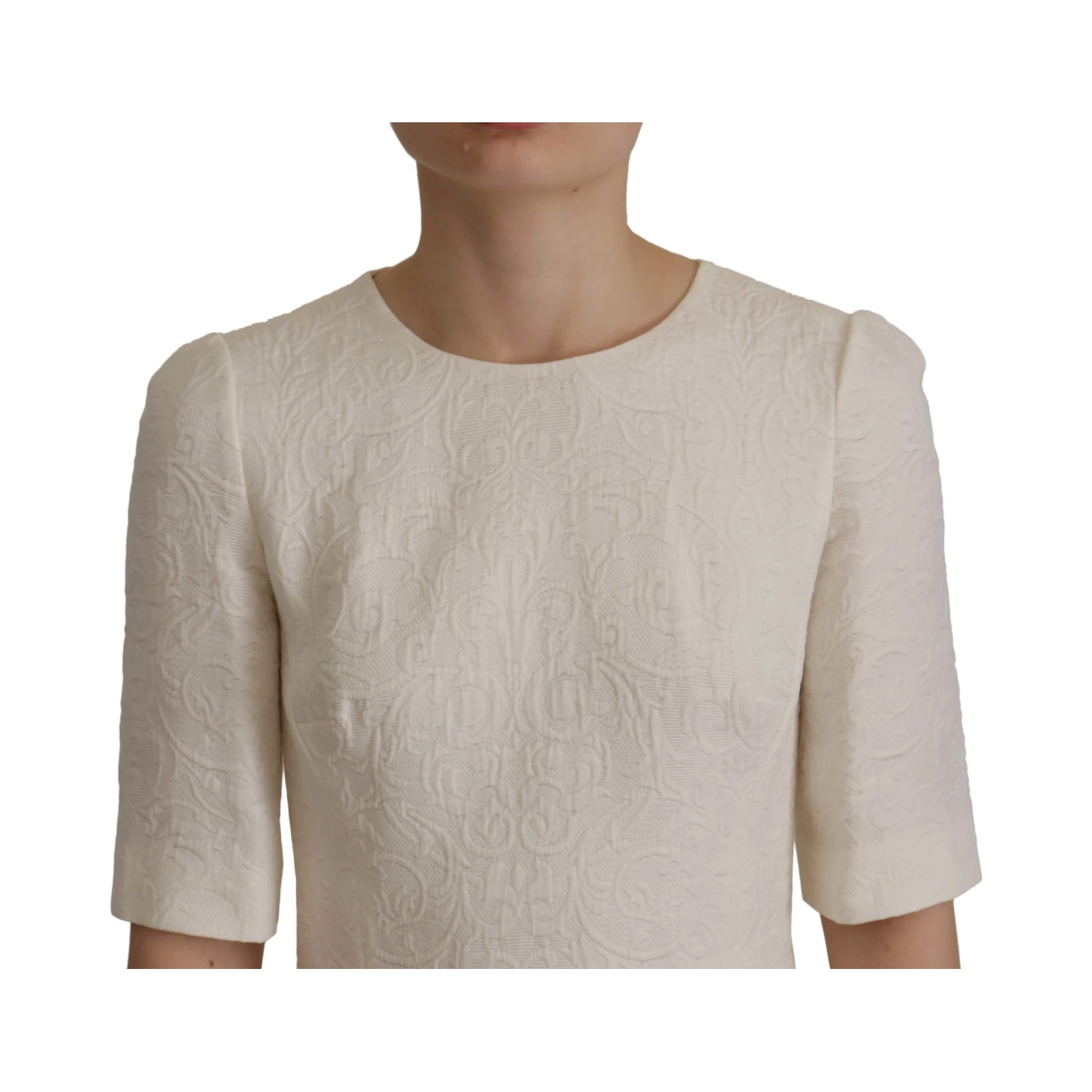 White Jaquard Midi Floral Sheath Brocade Dress