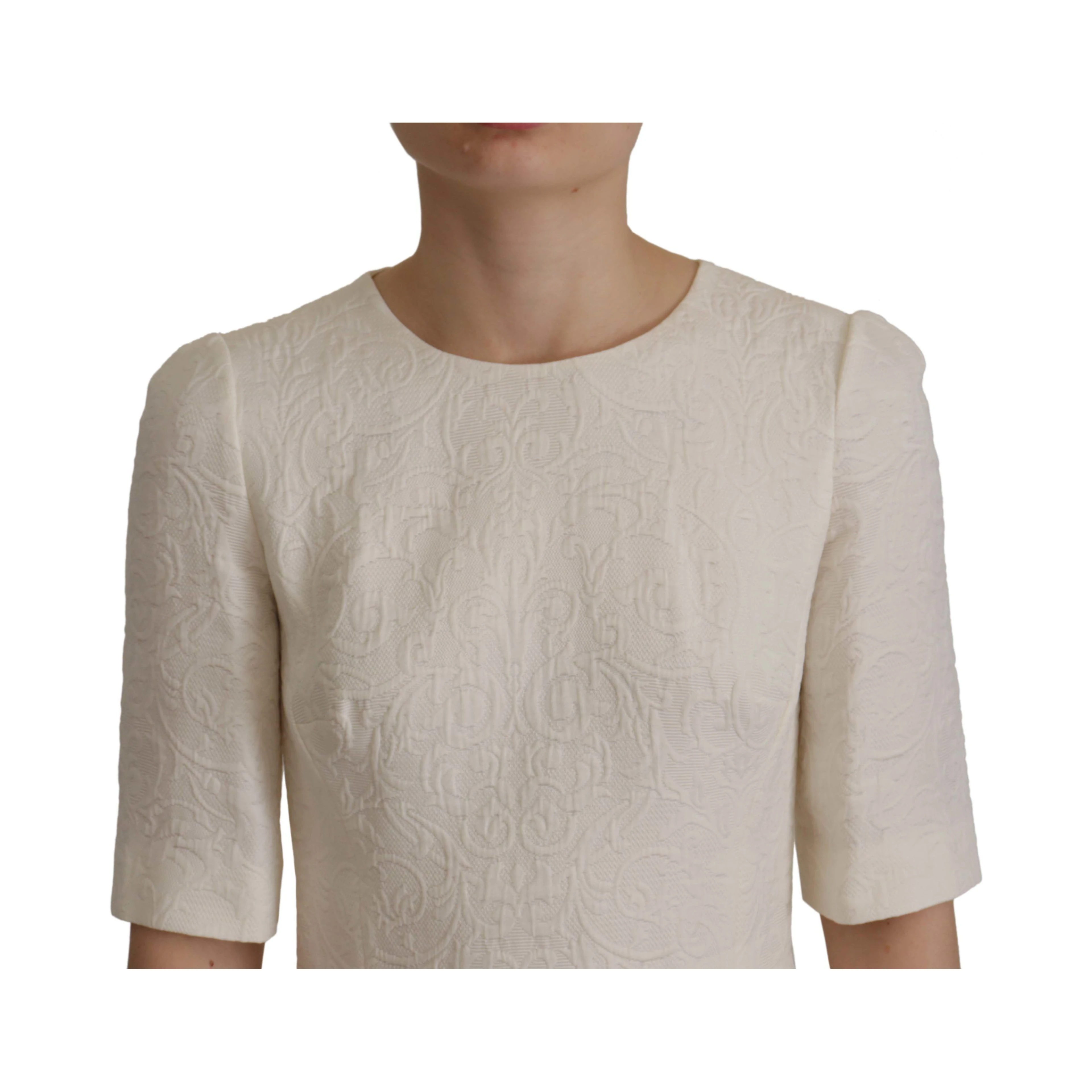 White Jaquard Midi Floral Sheath Brocade Dress