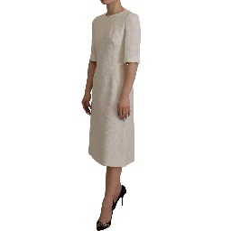 White Jaquard Midi Floral Sheath Brocade Dress