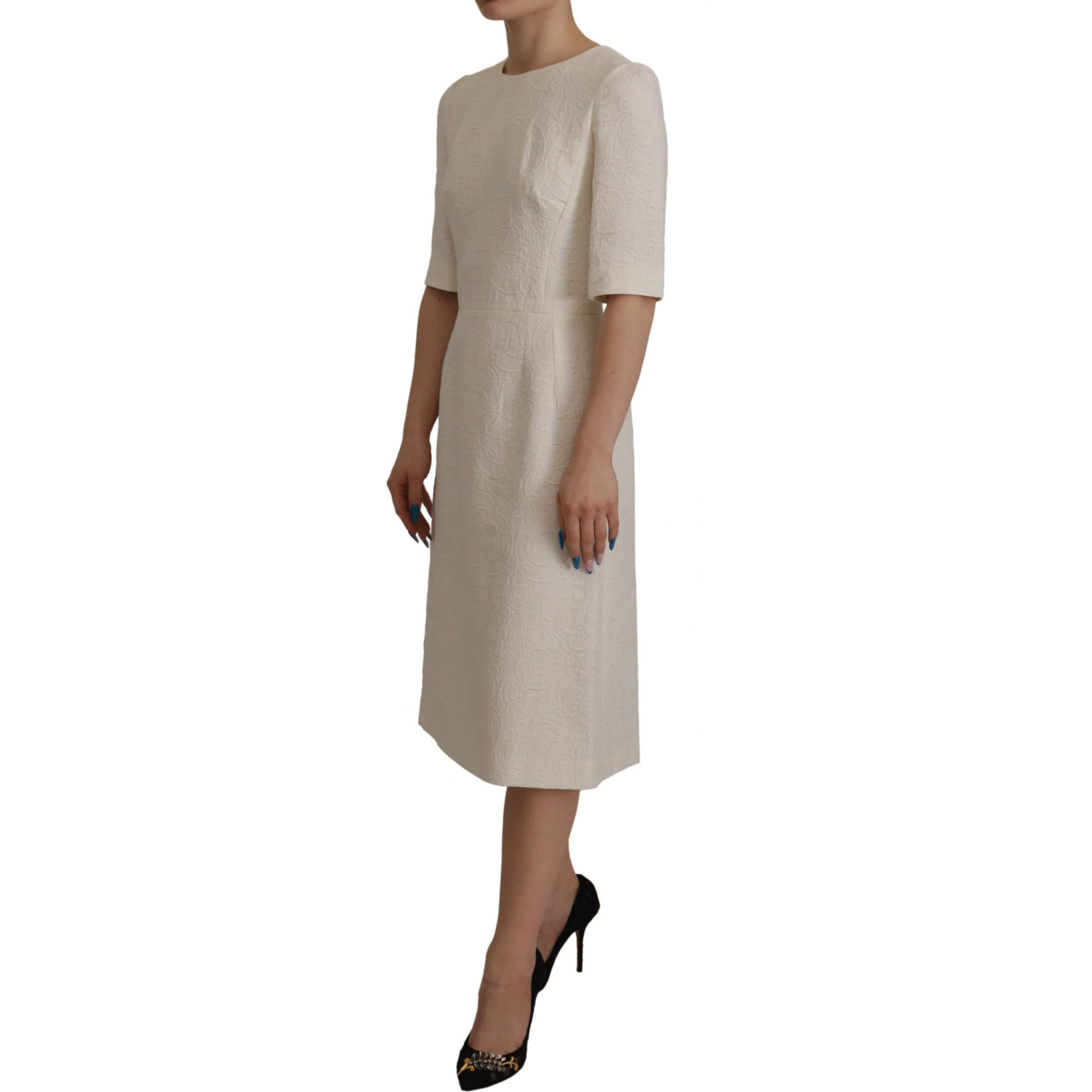 White Jaquard Midi Floral Sheath Brocade Dress
