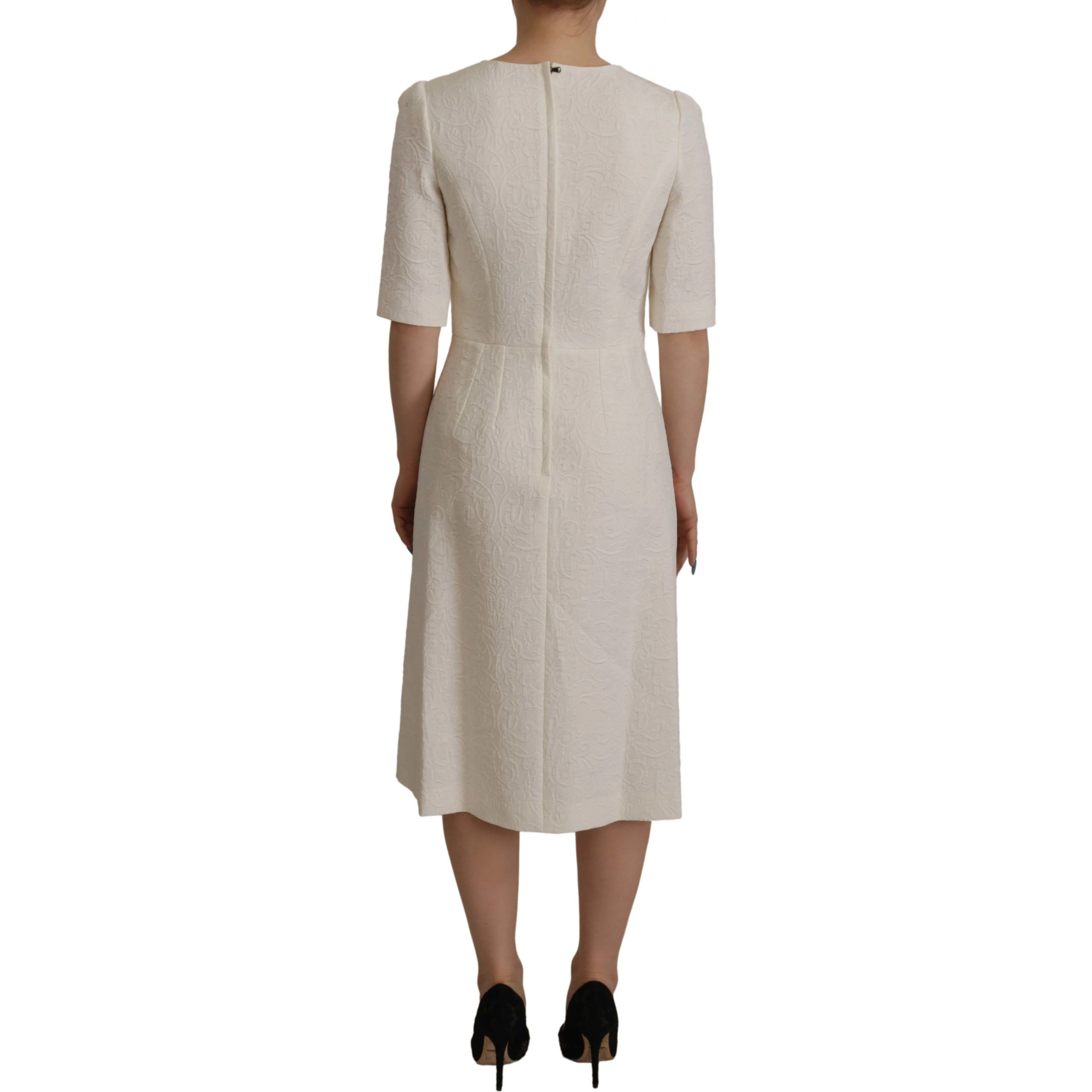 White Jaquard Midi Floral Sheath Brocade Dress