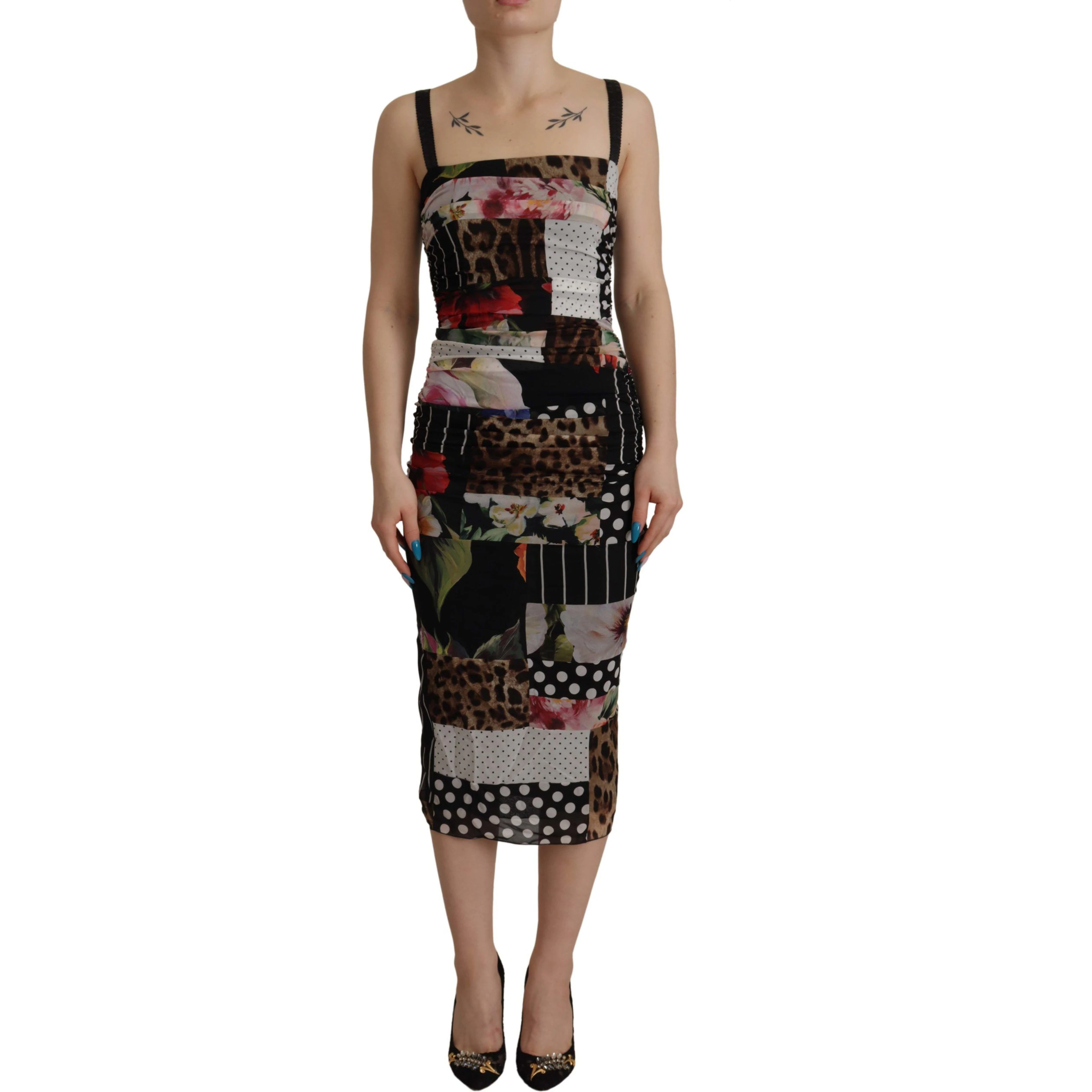 Multicolor Pachwork Midi Floral Silk Leopard Bodycon Dress