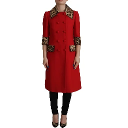 Red Leopard Wool Trenchcoat Jacket