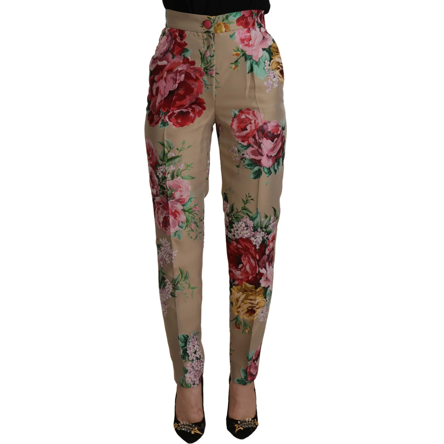 Beige Floral Dress Formal High Waist Pants