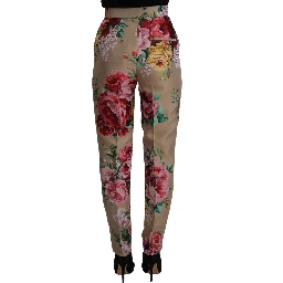 Beige Floral Dress Formal High Waist Pants