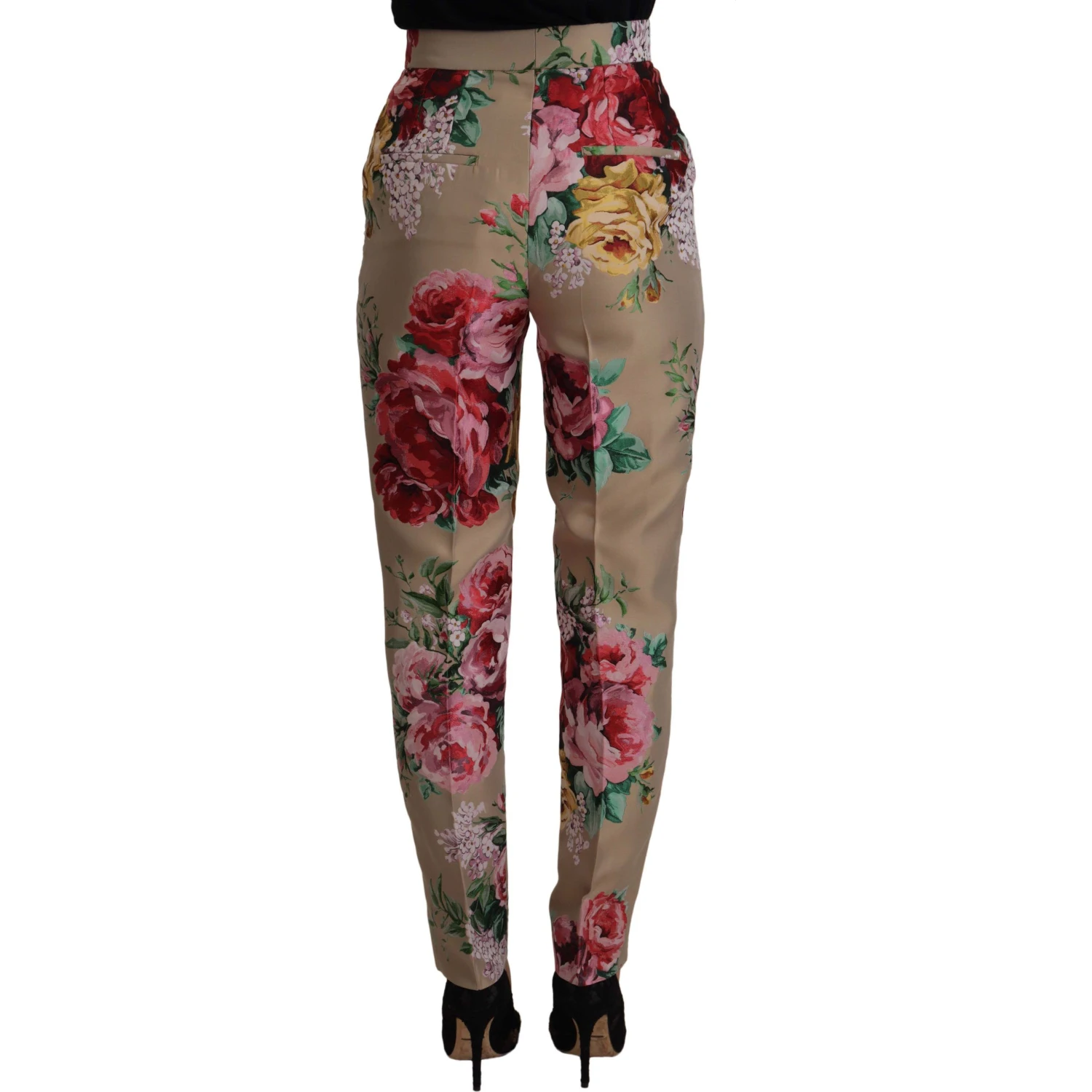 Beige Floral Dress Formal High Waist Pants