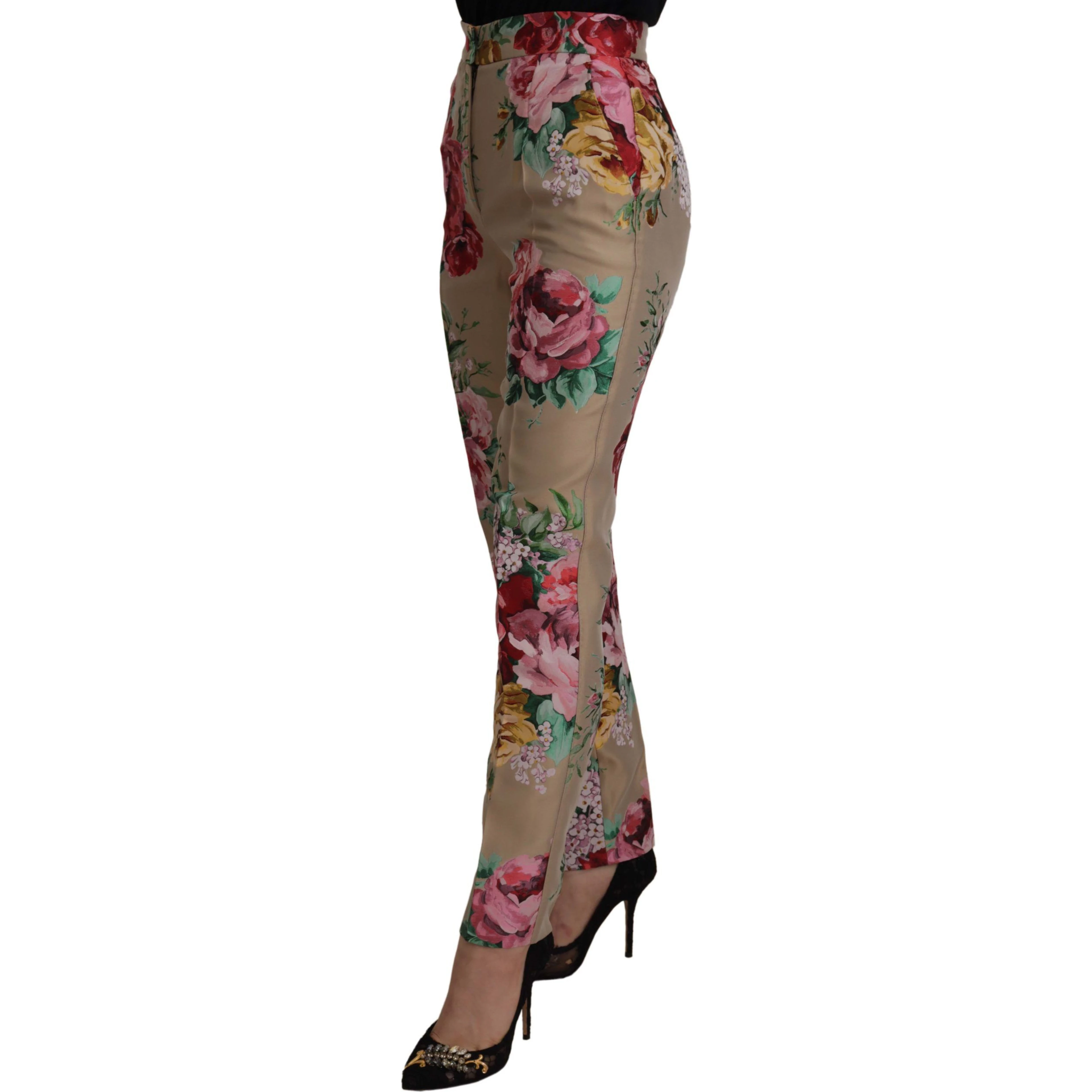 Beige Floral Dress Formal High Waist Pants
