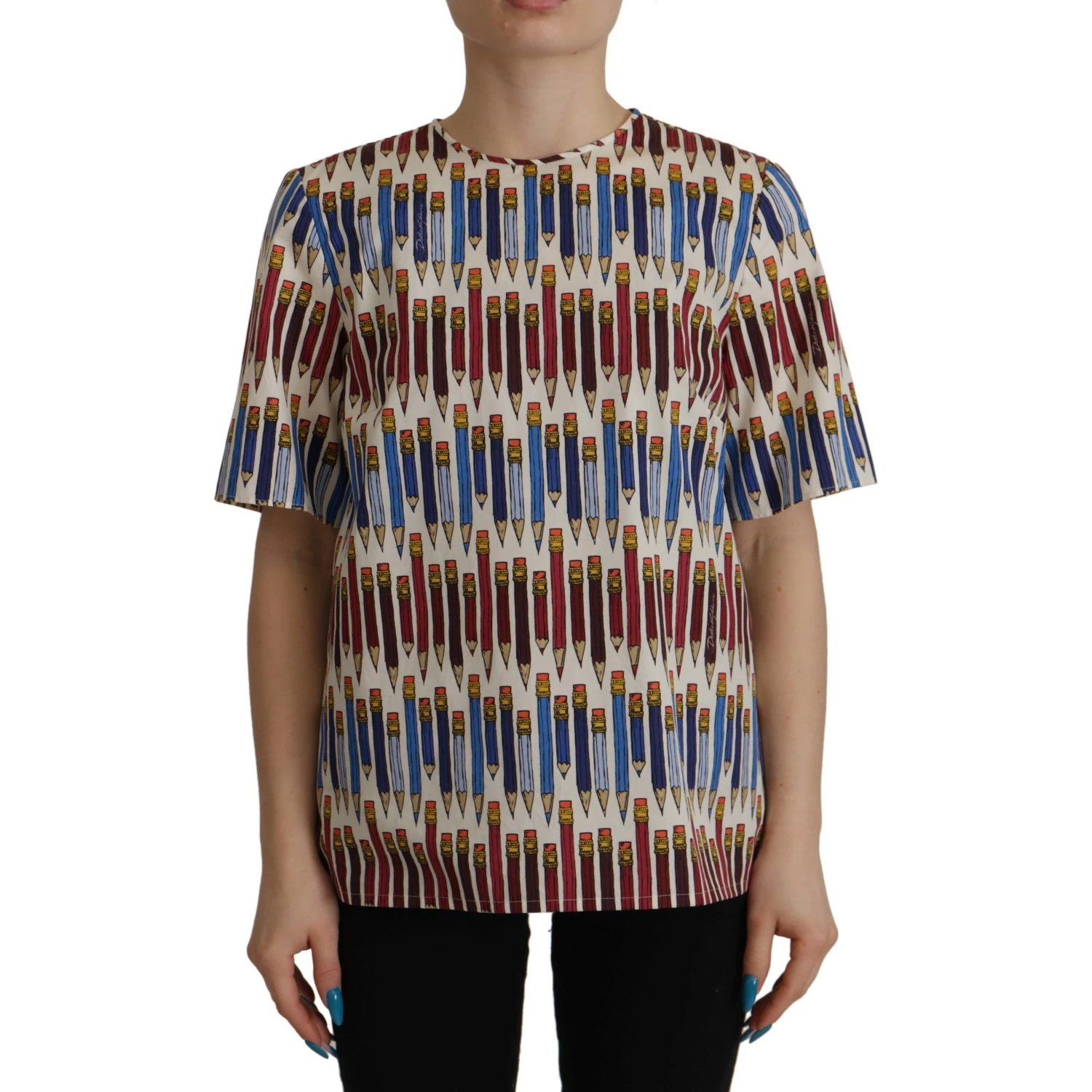 White Pencil Print Cotton T-shirt Blouse