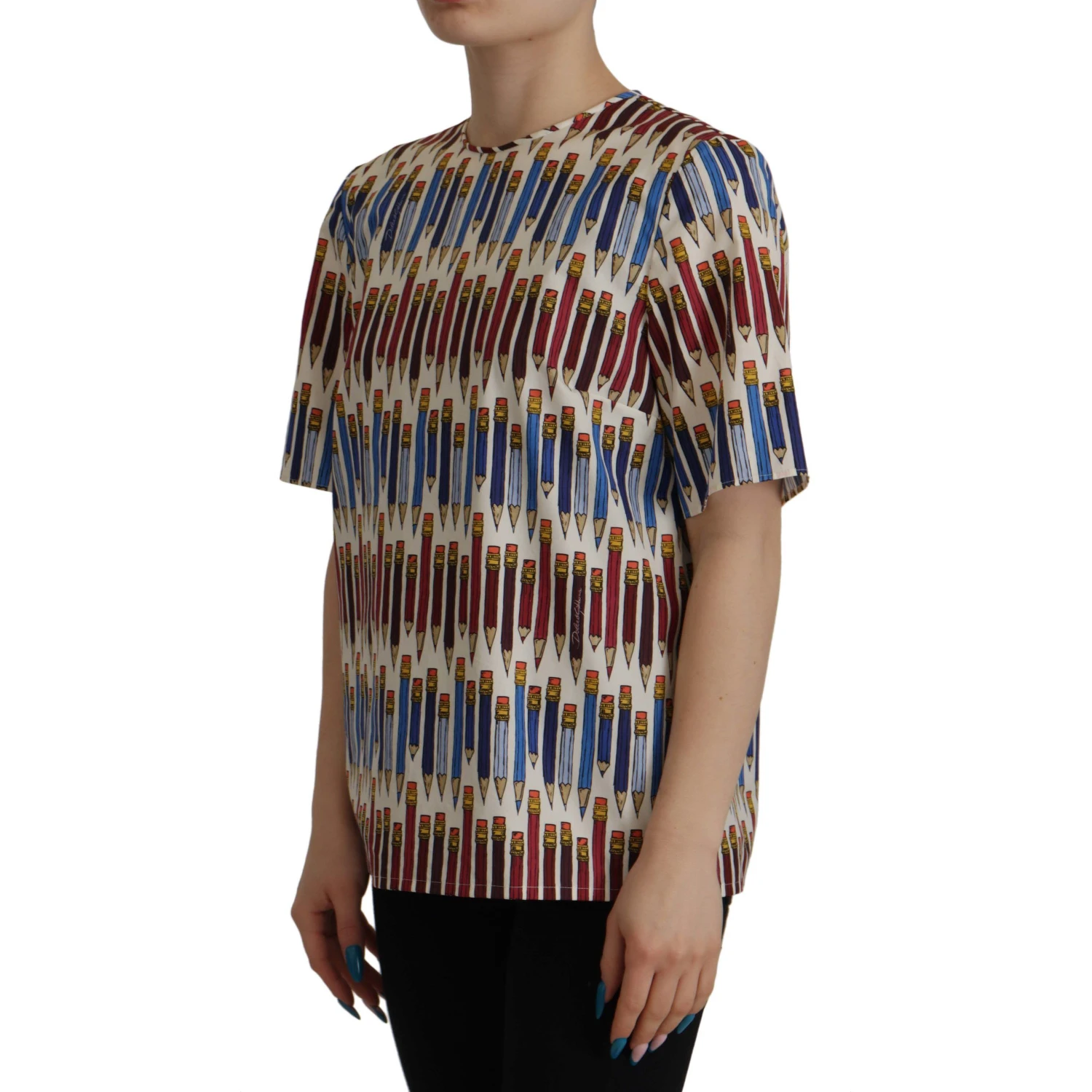 White Pencil Print Cotton T-shirt Blouse