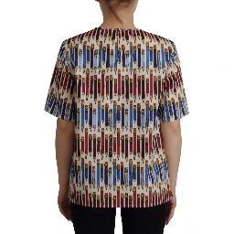 White Pencil Print Cotton T-shirt Blouse