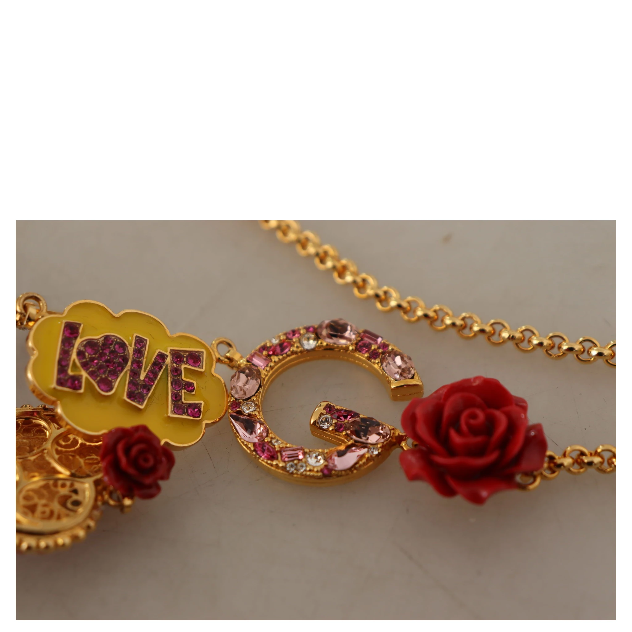 Gold Rose Love Crystal Charm Chain Necklace