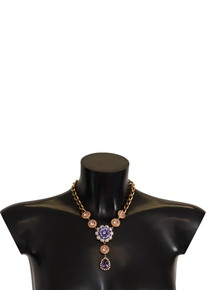 Gold Brass Crystal Purple Pink Pearl Pendants Necklace