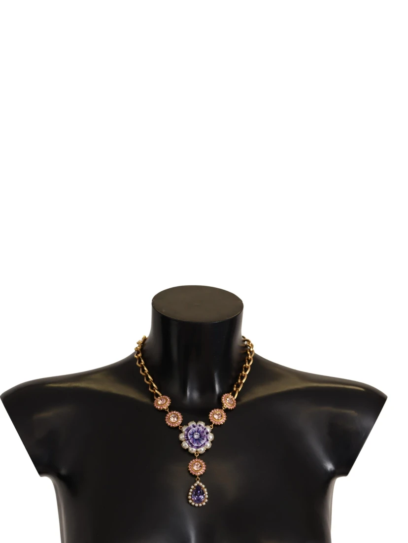 Gold Brass Crystal Purple Pink Pearl Pendants Necklace