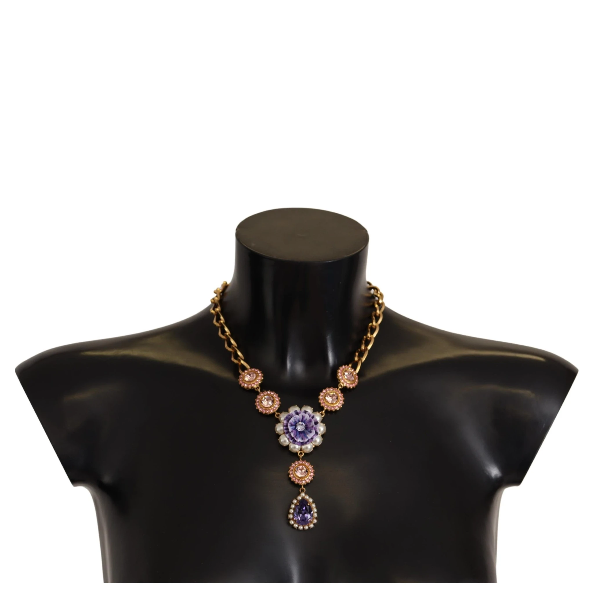 Gold Brass Crystal Purple Pink Pearl Pendants Necklace