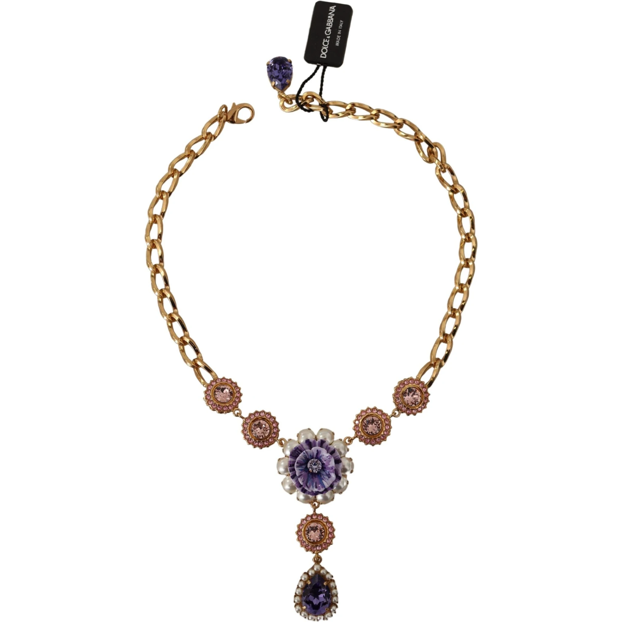 Gold Brass Crystal Purple Pink Pearl Pendants Necklace