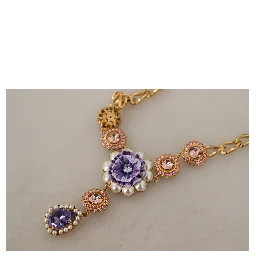 Gold Brass Crystal Purple Pink Pearl Pendants Necklace